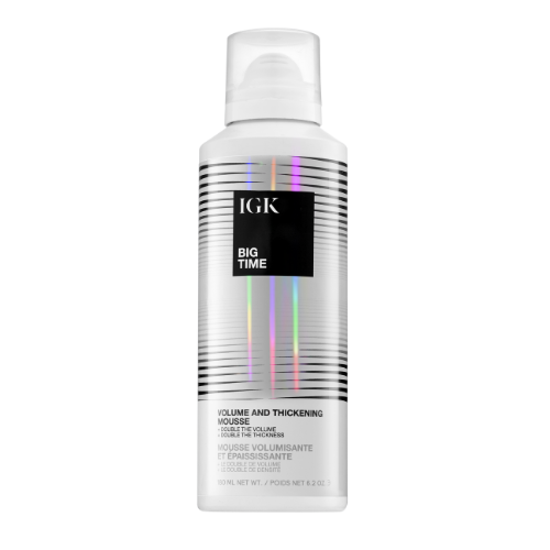 Bottle of IGK Big Time Volume and Thickening Mousse against white background.
