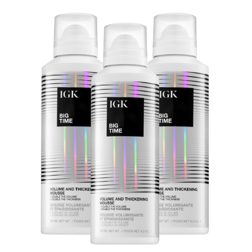 Three bottles of IGK Big Time Volume and Thickening Mousse.
