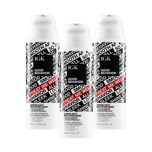 Three bottles of IGK Good Behavior smoothing mask with bold text design.