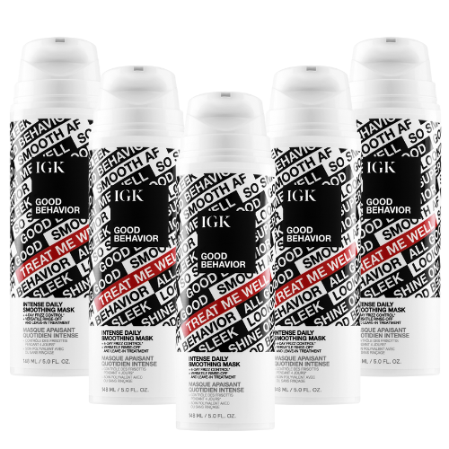 Five bottles of IGK Good Behavior smoothing mask with bold text design.