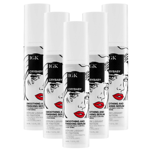Five bottles of IGK Crybaby smoothing serum.