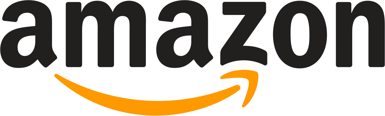 Amazon logo with a black font and orange curved arrow.