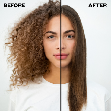 Side-by-side comparison of frizzy hair before and straightened hair after treatment.