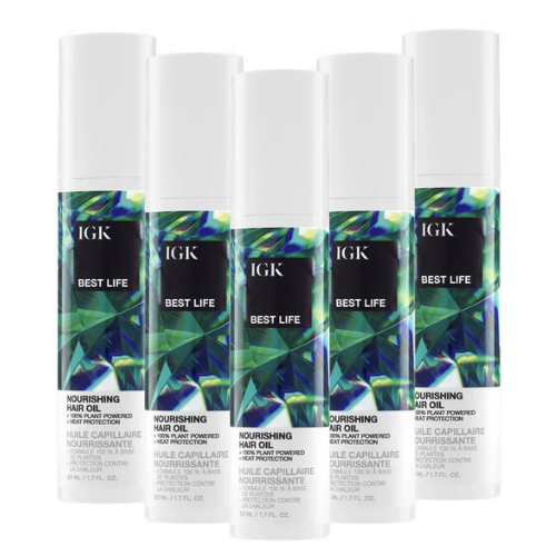 Five bottles of IGK Best Life Nourishing Hair Oil.