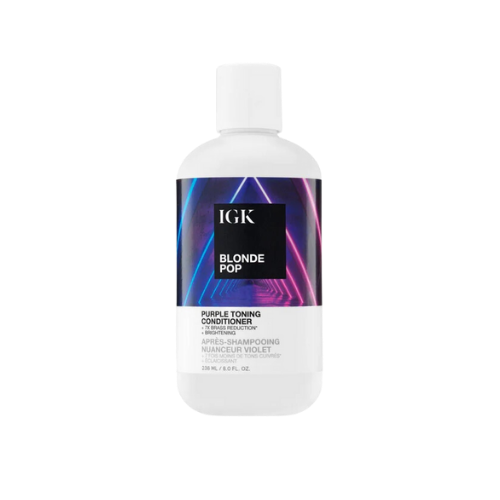 Bottle of IGK Blonde Pop Purple Toning Conditioner.