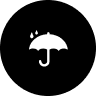 White umbrella icon with raindrops on a black background.
