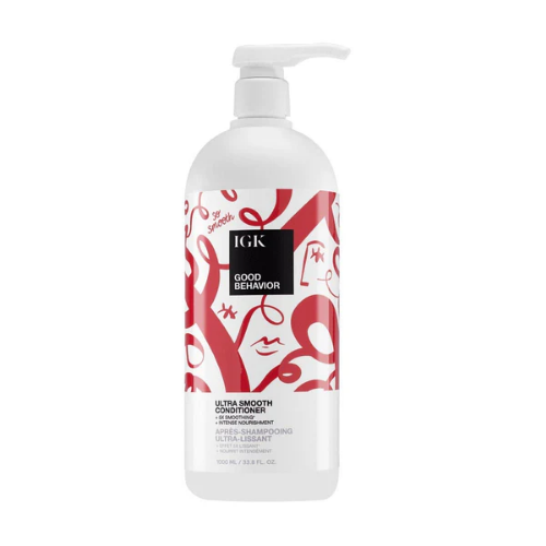 IGK Good Behavior Ultra Smooth Conditioner bottle with artistic red design.