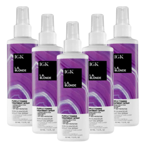Five bottles of IGK L.A. Blonde purple toning treatment spray.